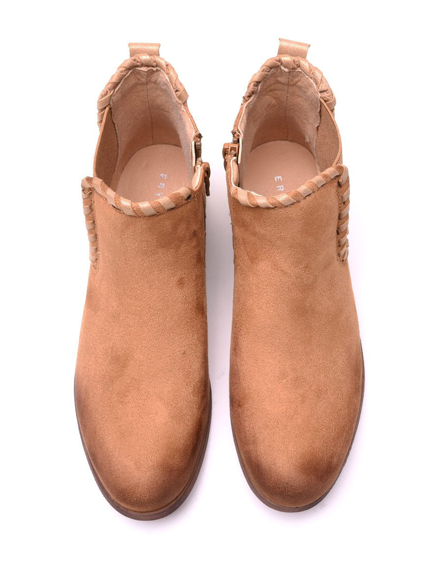 Bottines plates beiges bi matières à détails