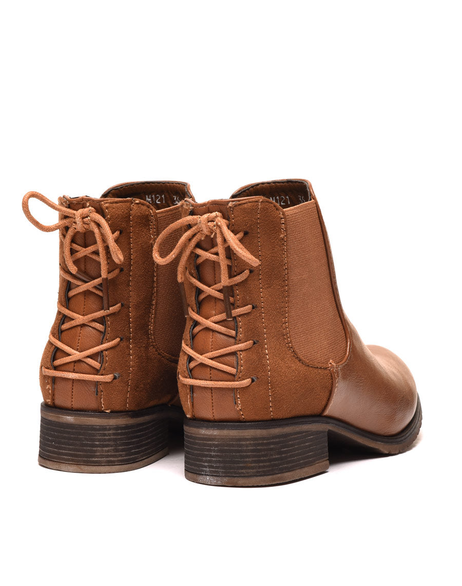 Bottines plates bi matières camel avec lacet décoratif arrière