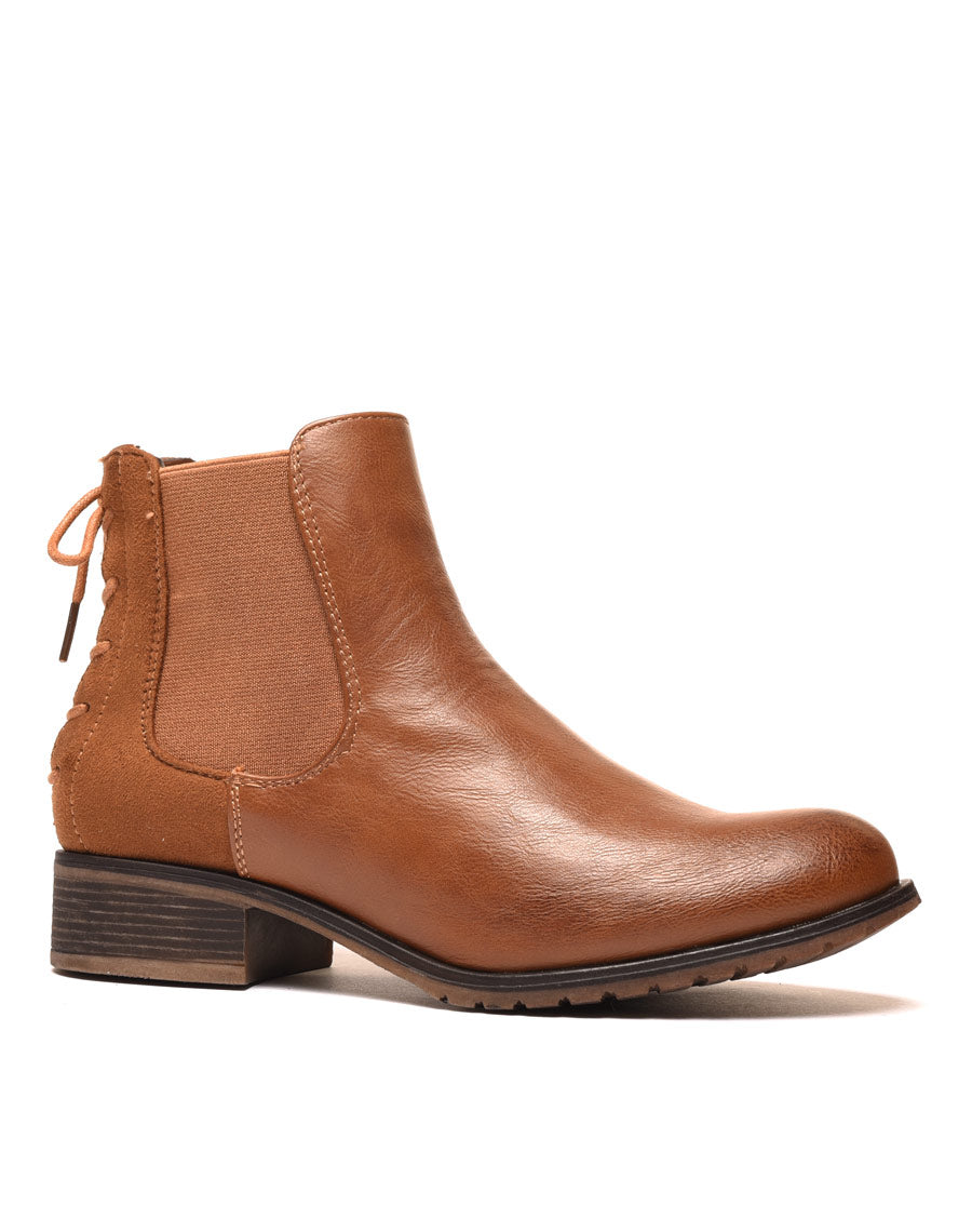 Bottines plates bi matières camel avec lacet décoratif arrière