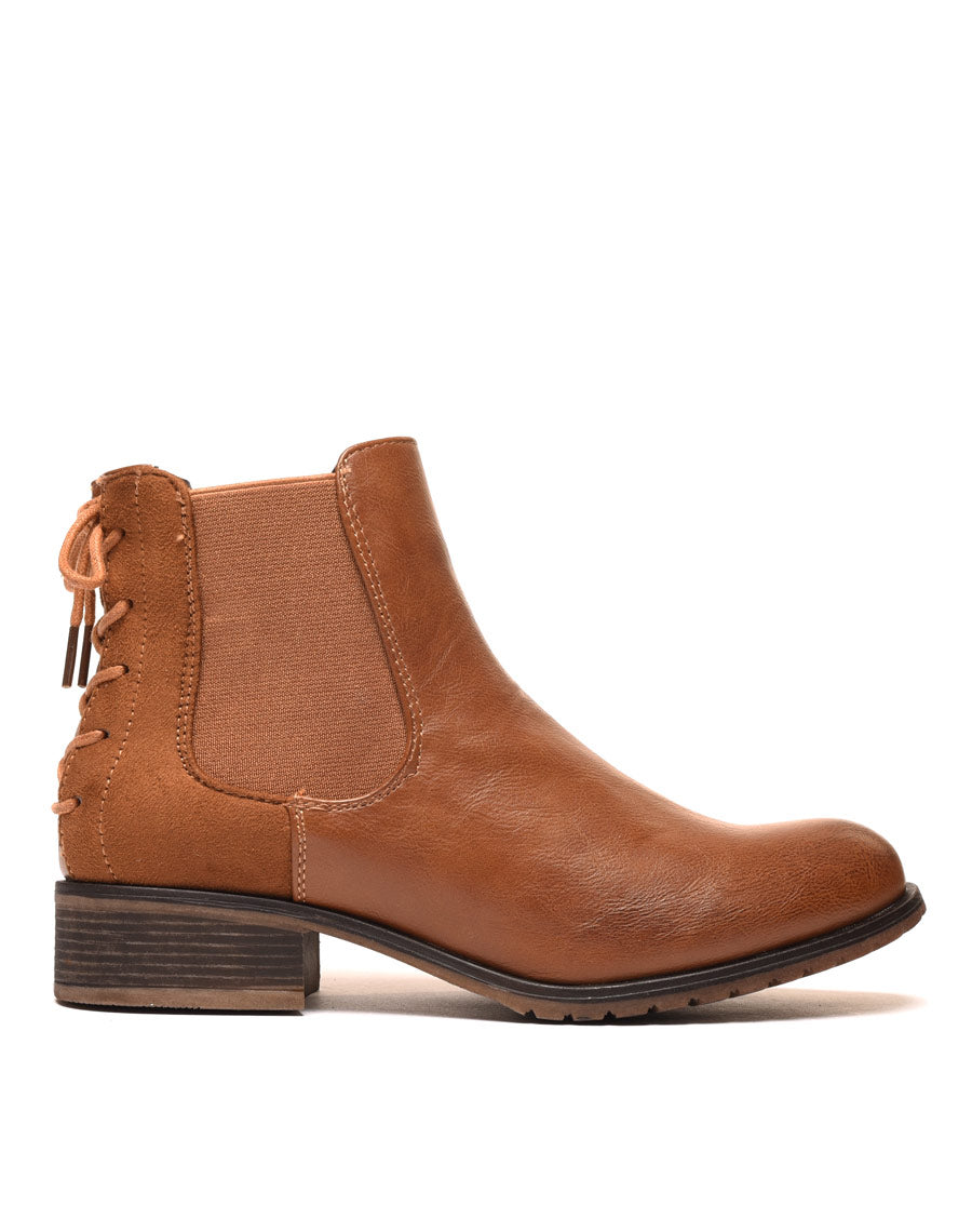 Bottines plates bi matières camel avec lacet décoratif arrière