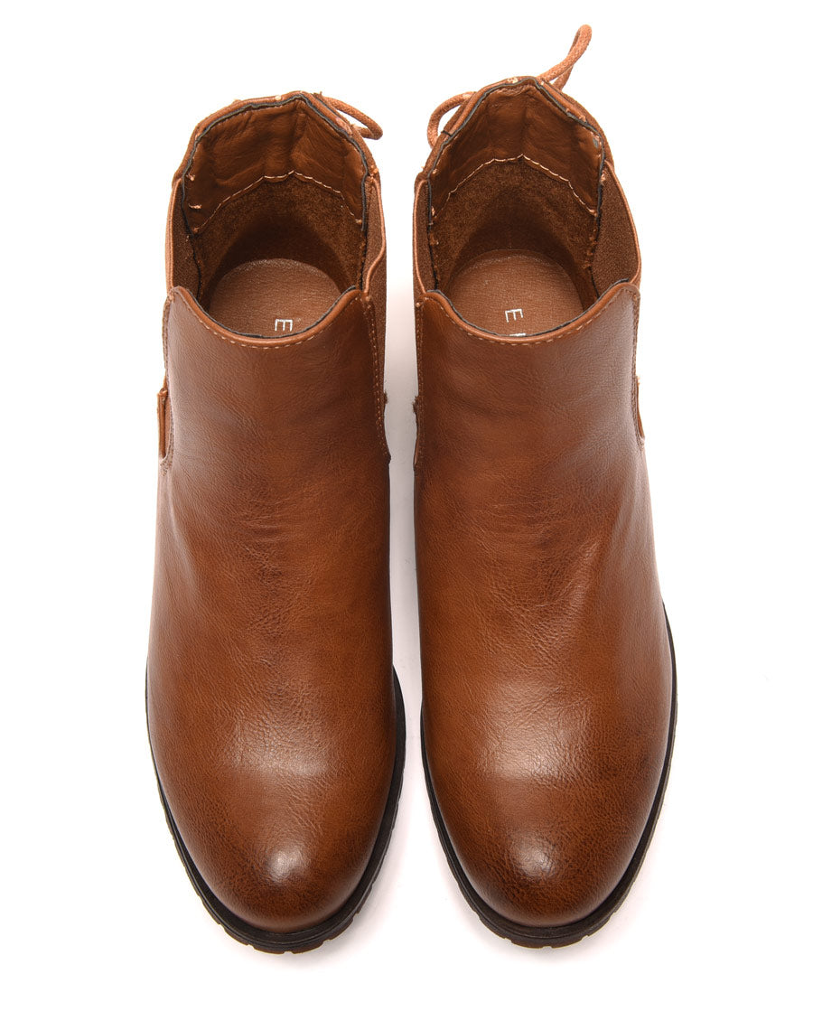 Bottines plates bi matières camel avec lacet décoratif arrière