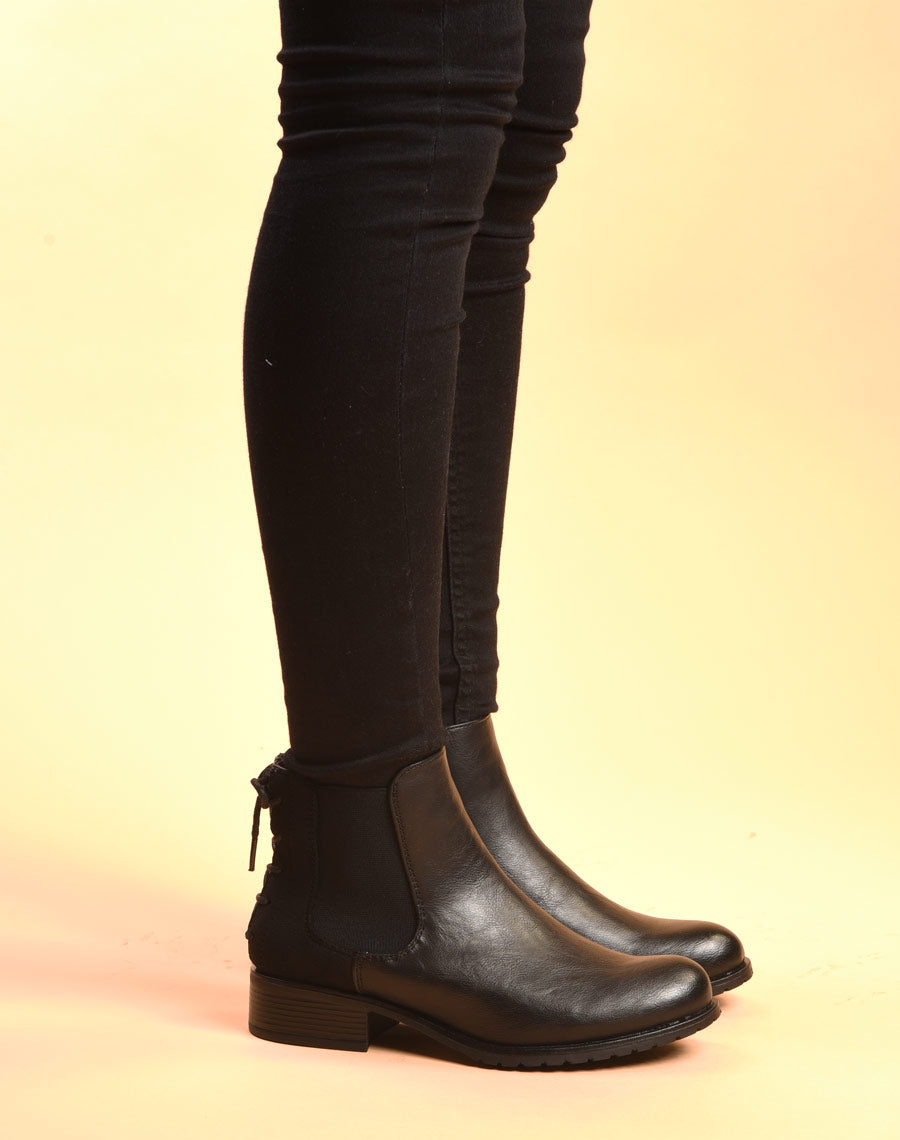 Bottines plates bi matières noires avec lacet décoratif arrière