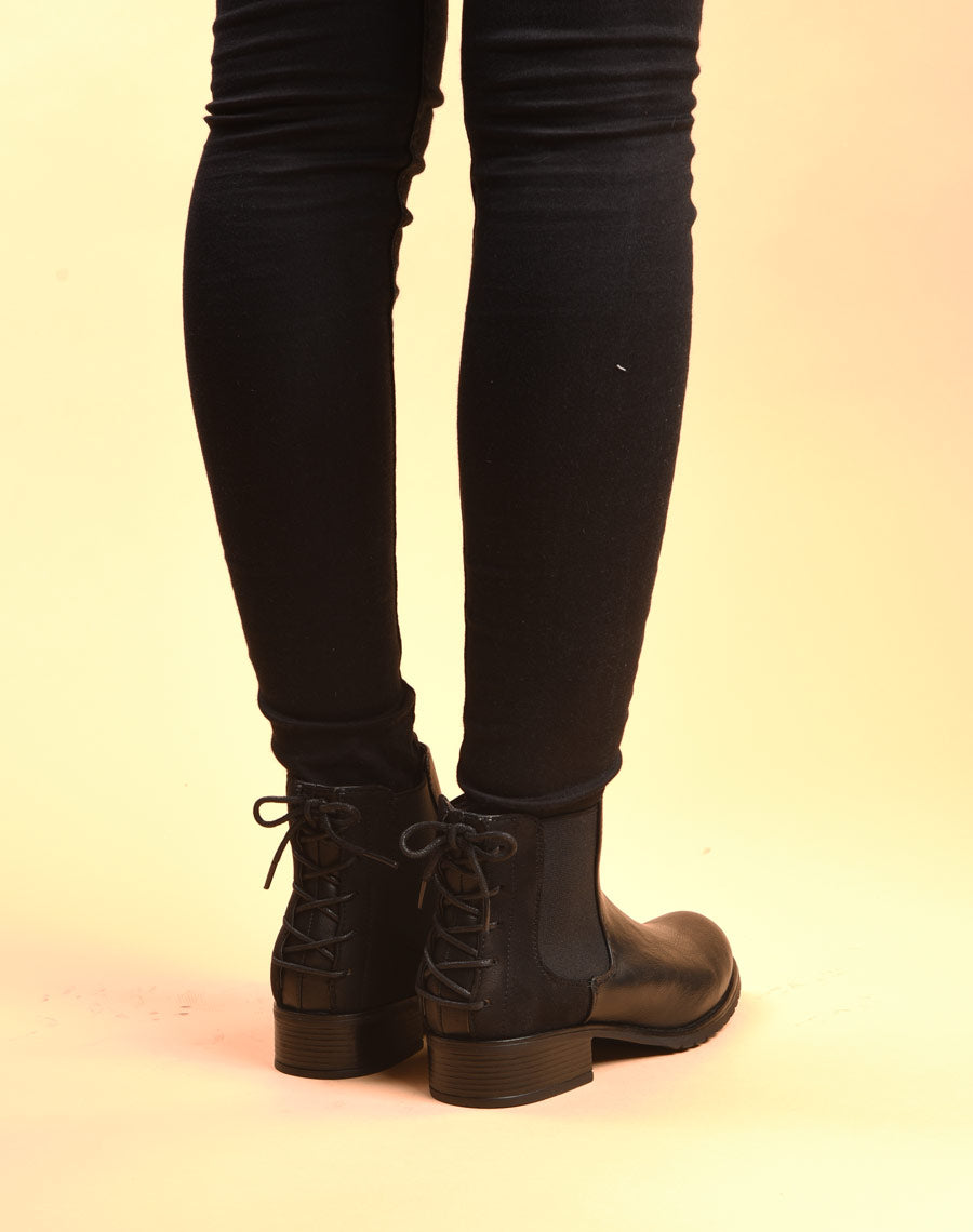 Bottines plates bi matières noires avec lacet décoratif arrière