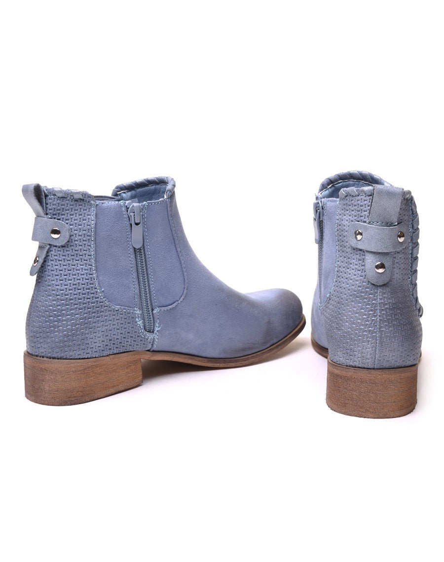 Bottines plates bleues claires bi matières à détails
