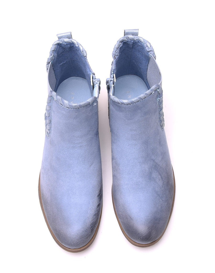 Bottines plates bleues claires bi matières à détails