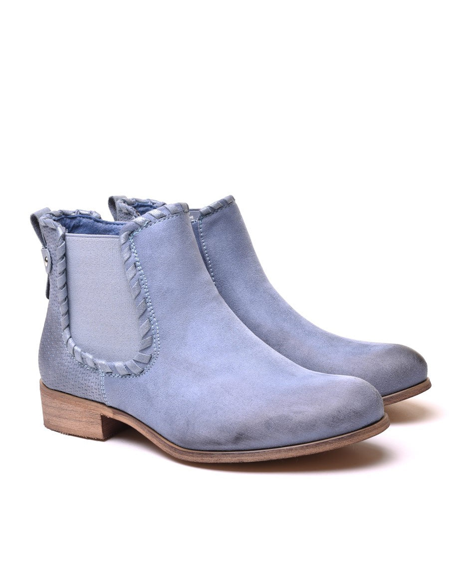 Bottines plates bleues claires bi matières à détails