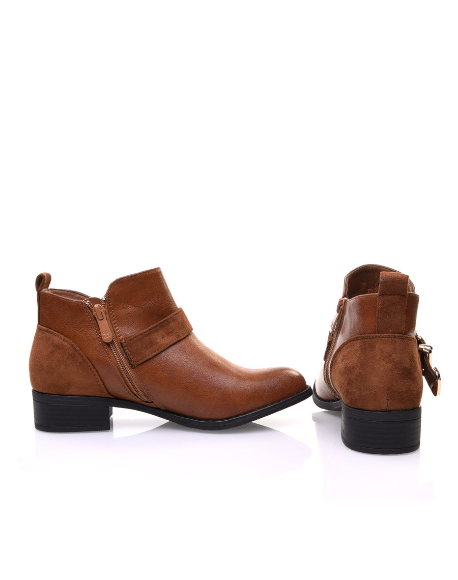 Bottines plates camel empiècements suédines
