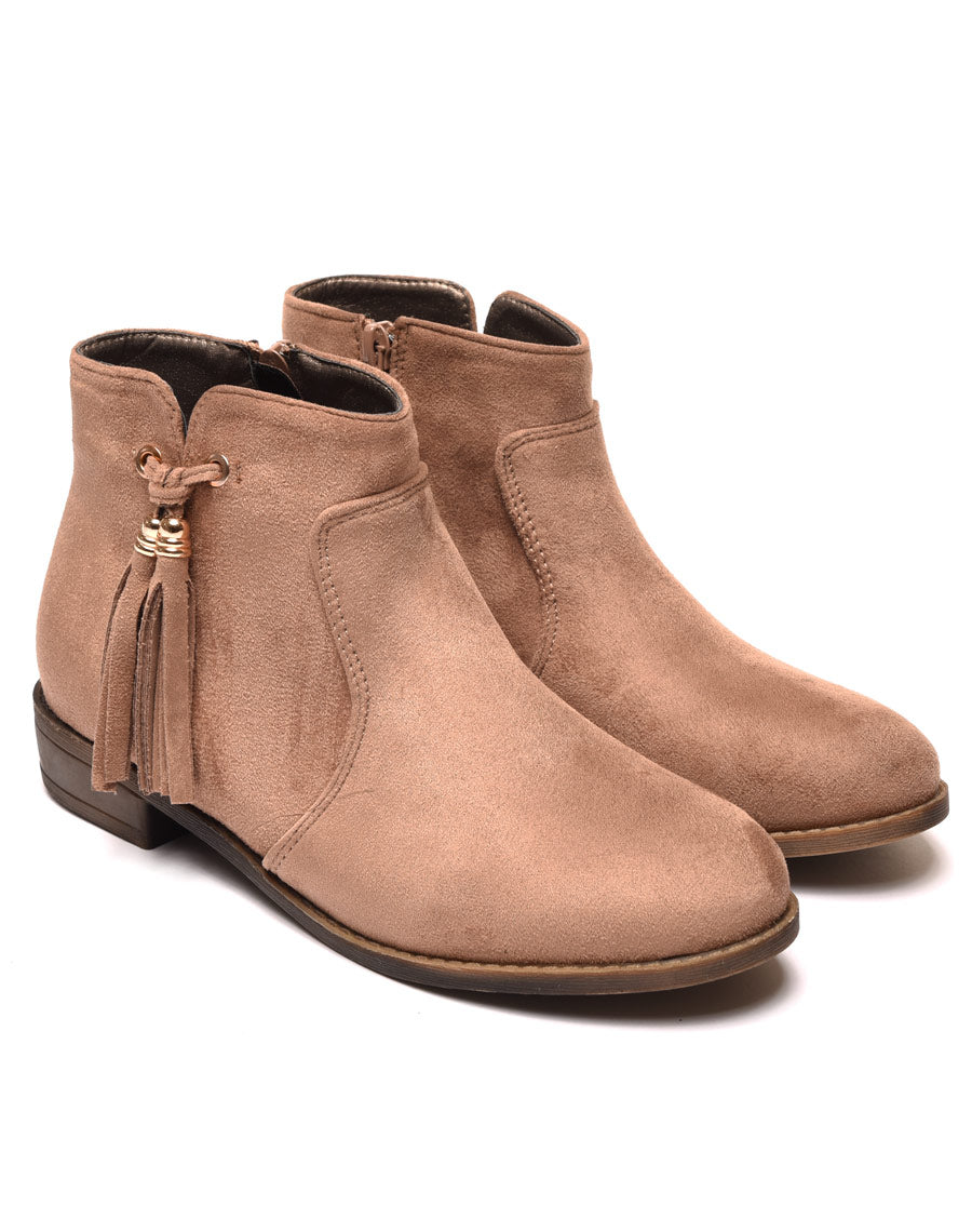 Bottines plates taupe avec pompons à franges