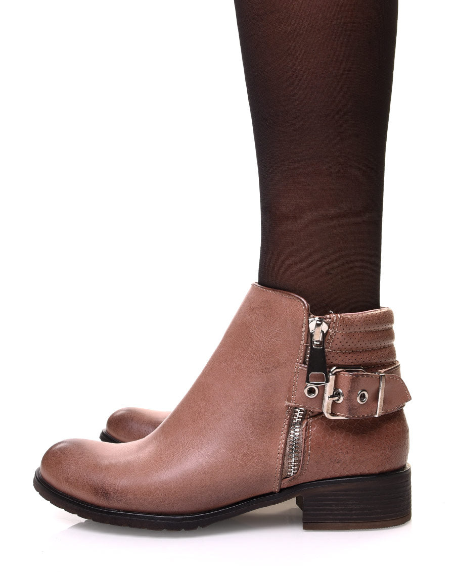 Bottines roses bi matières à motifs python