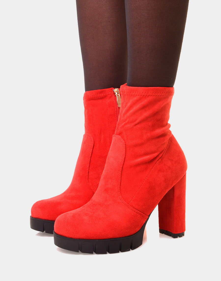 Bottines rouges à talon en suédine à plateforme épaisse