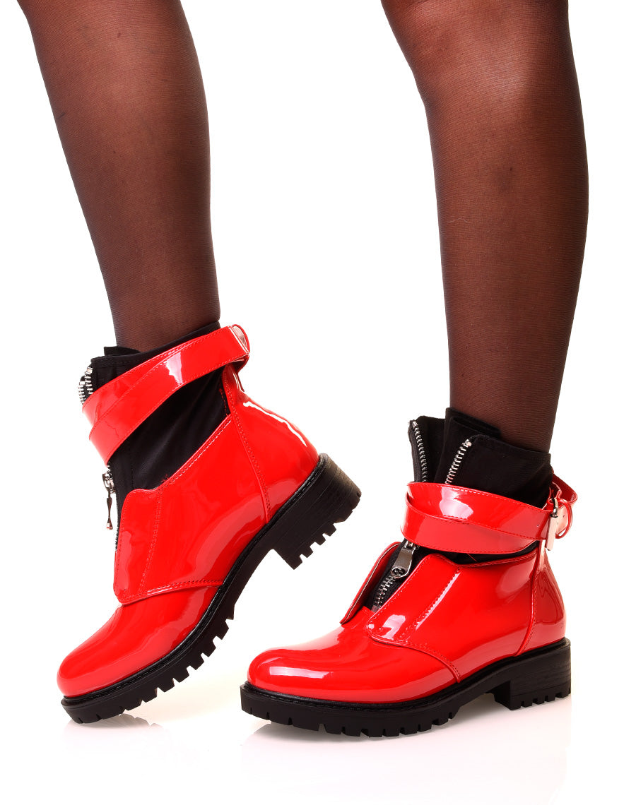 Bottines rouges vernies à zip effet chaussette