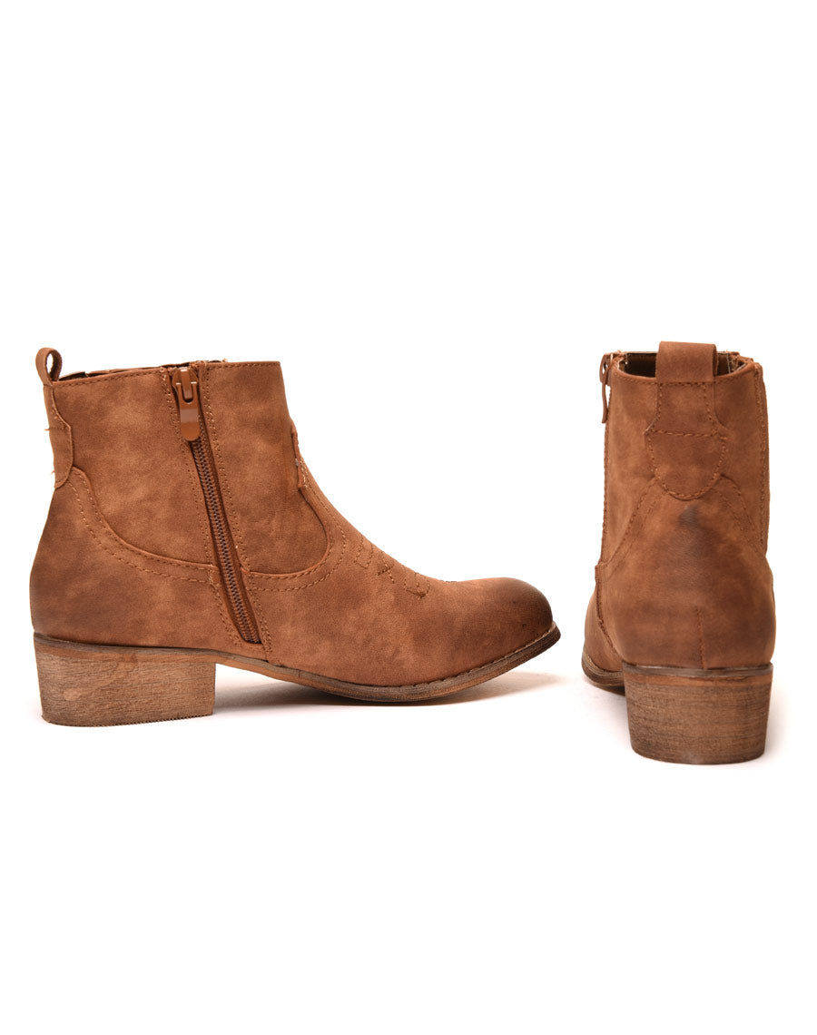 Bottines santiag camelles avec coutures décoratives