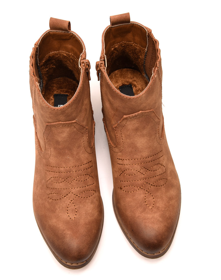 Bottines santiag camelles avec coutures décoratives