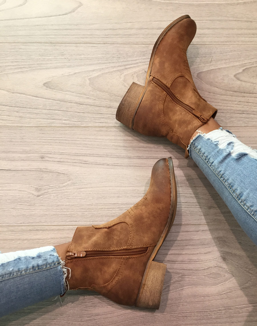 Bottines santiag camelles avec coutures décoratives