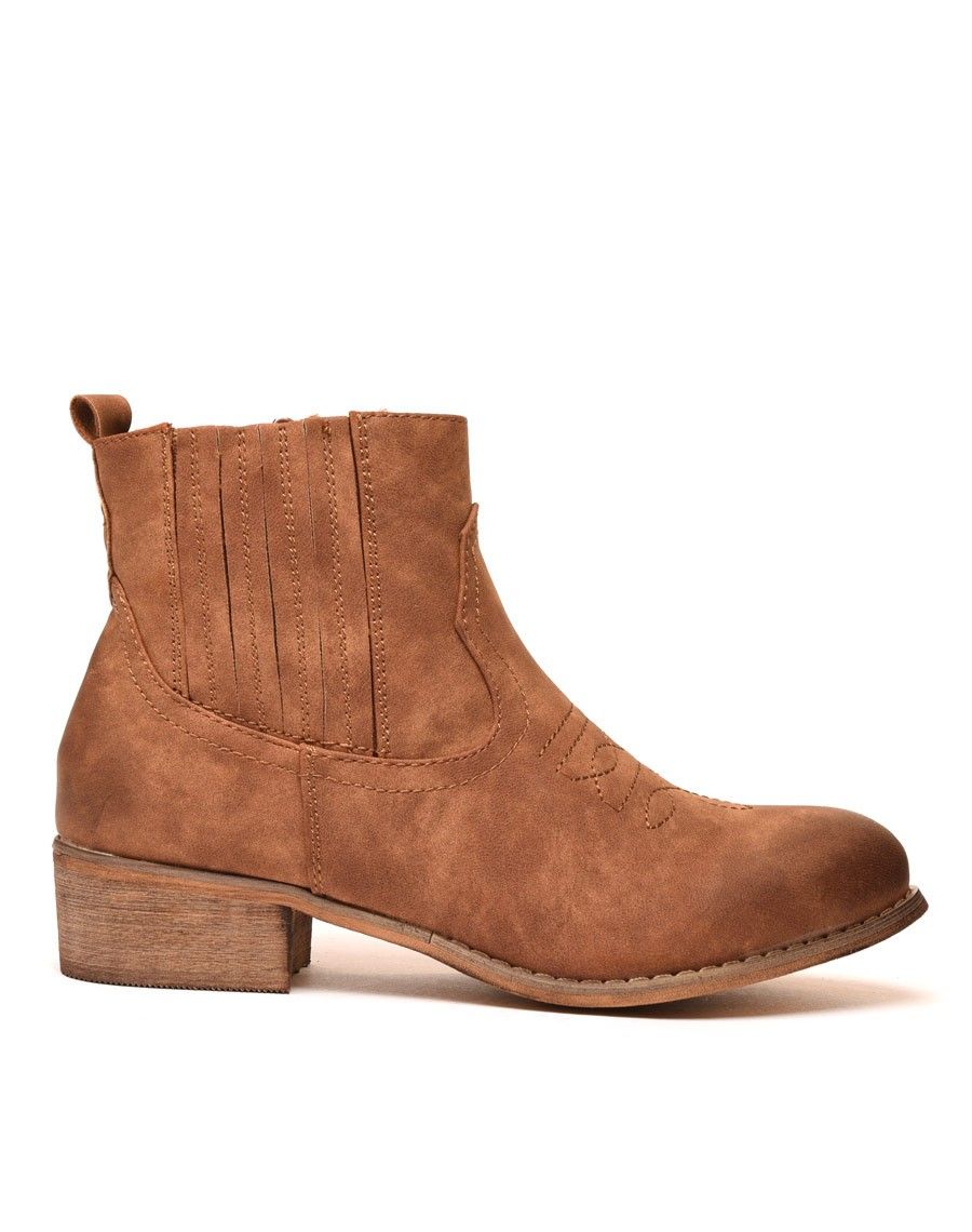 Bottines santiag camelles avec coutures décoratives