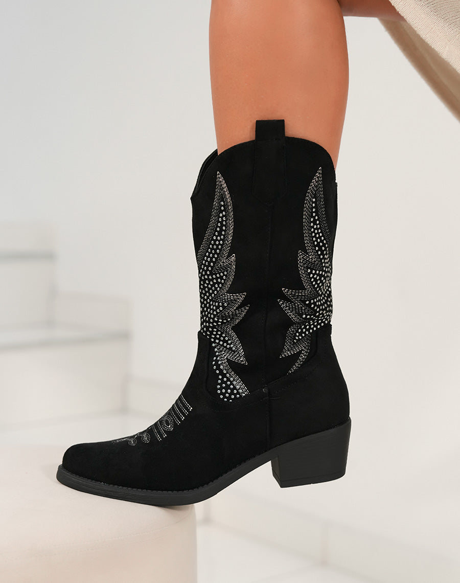 Bottines santiags femme noires en suédine avec strass argenté et talon bas