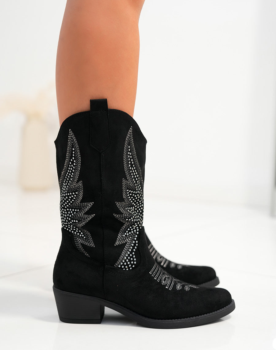 Bottines santiags femme noires en suédine avec strass argenté et talon bas