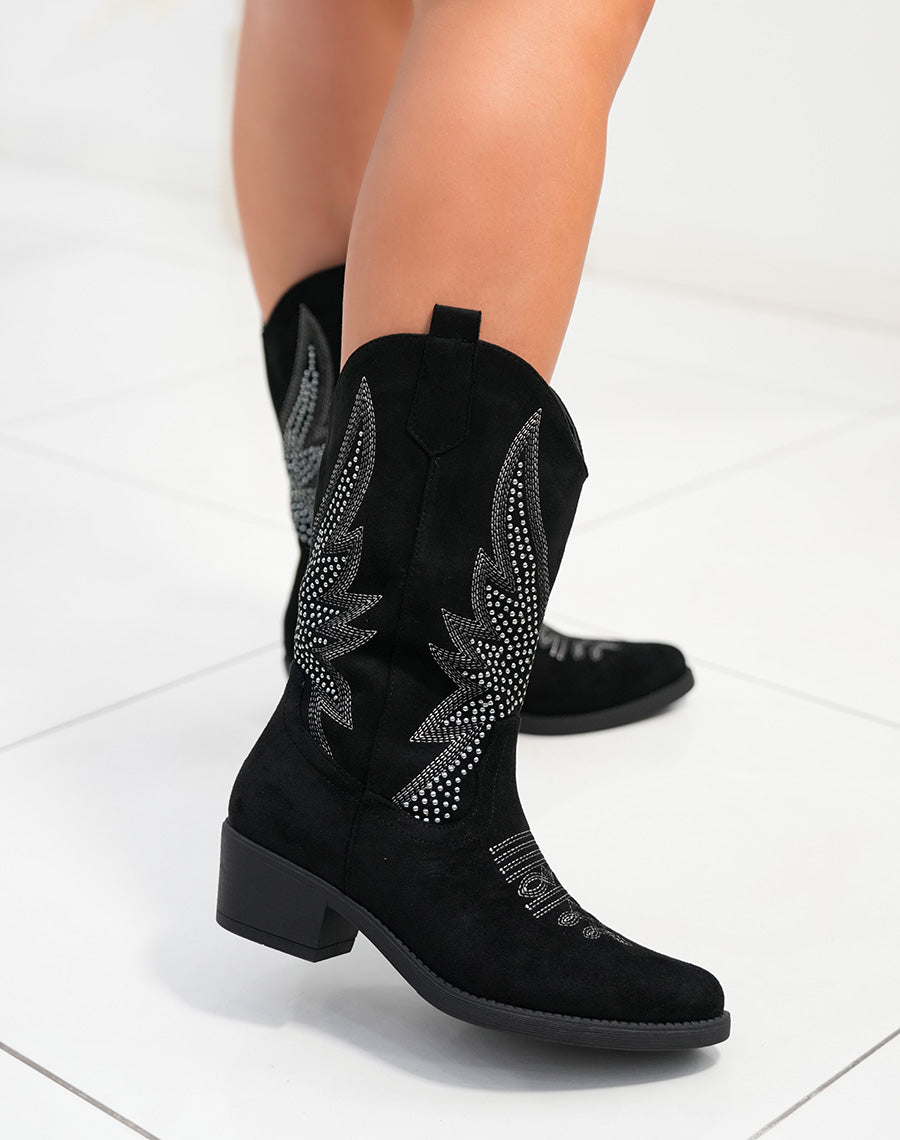 Bottines santiags femme noires en suédine avec strass argenté et talon bas