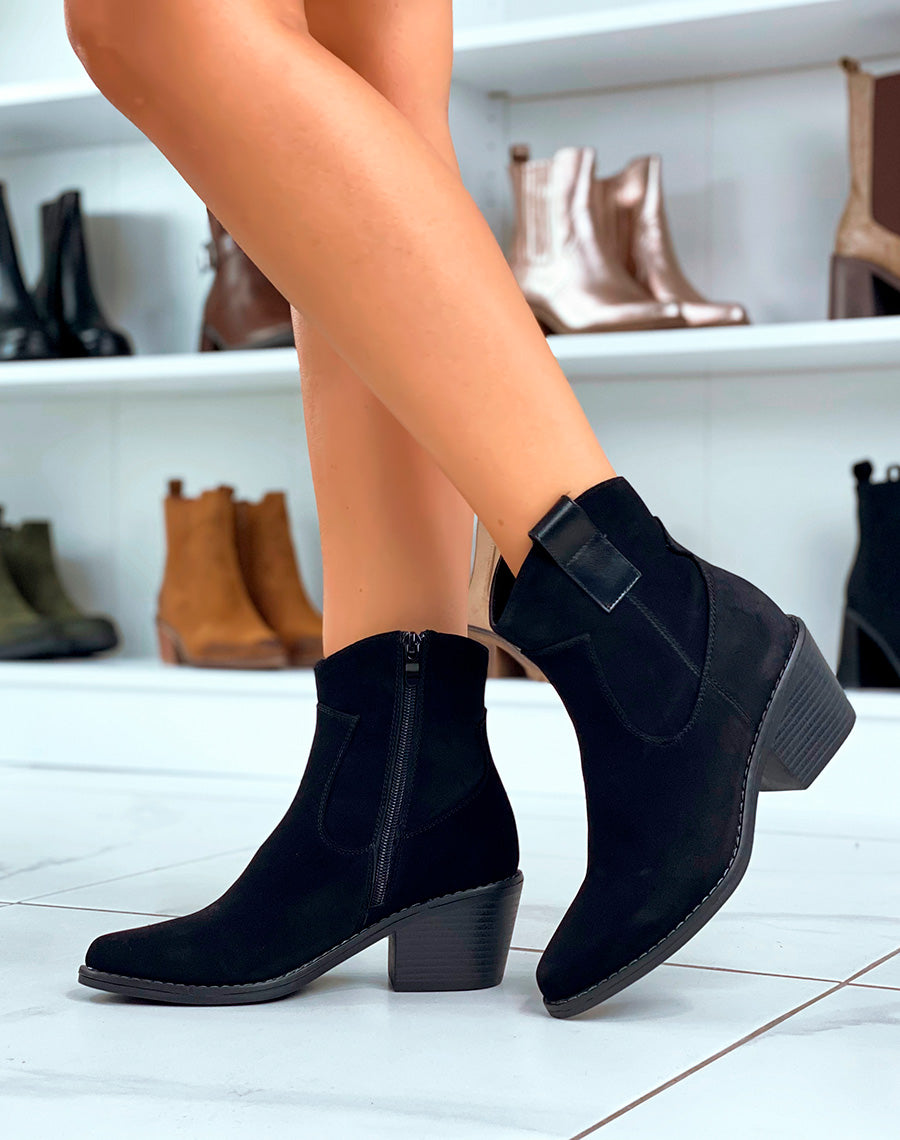 Bottines style santiags en suédine noire à petit talon pour femmes