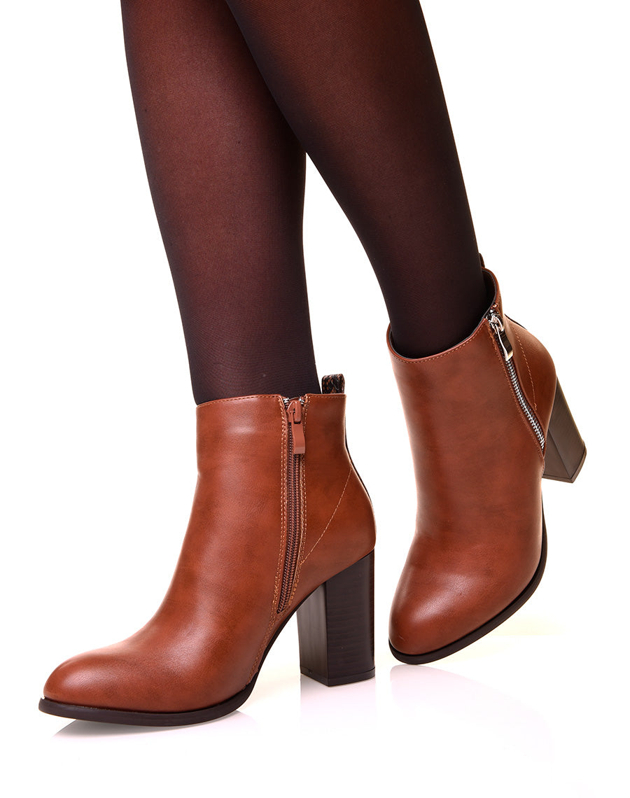 Bottines à talon camel bi matière effet python