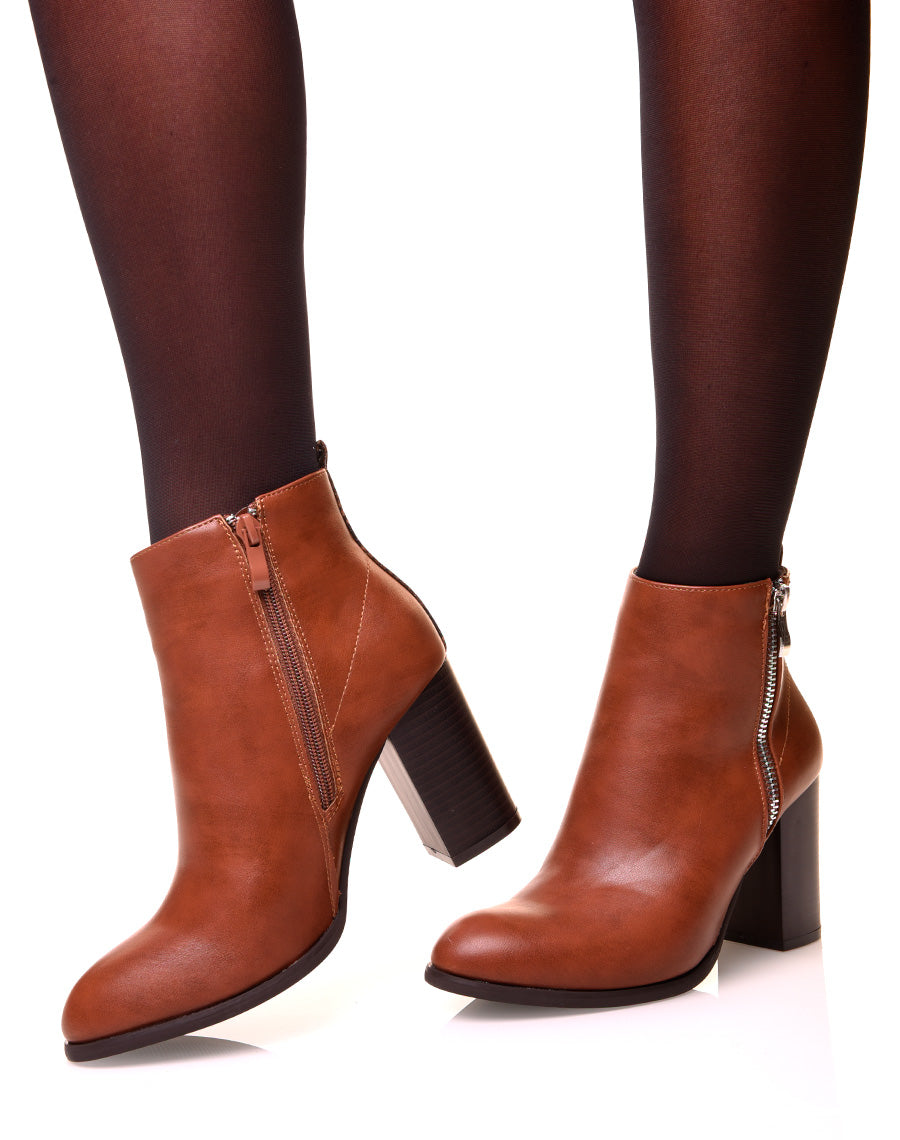 Bottines à talon camel bi matière effet python