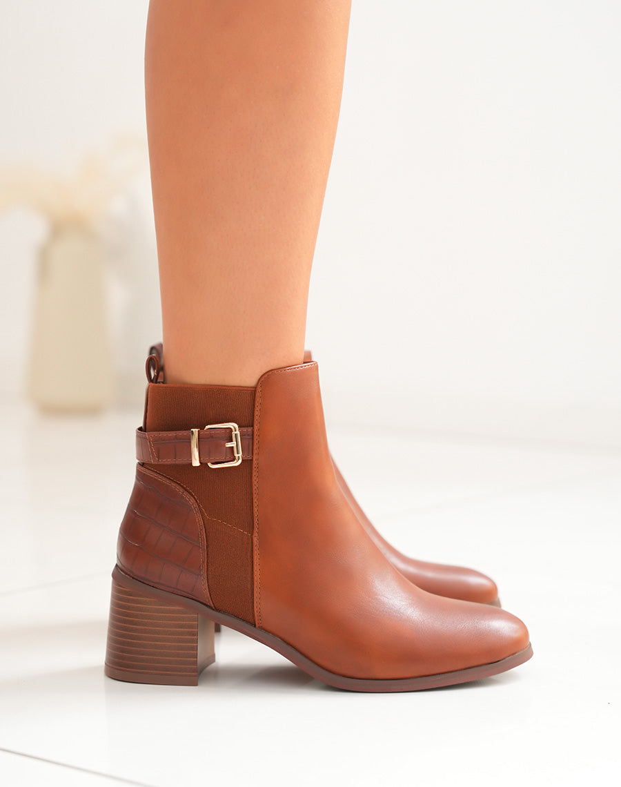Bottines à talon camel bi-matières à sangle dorée