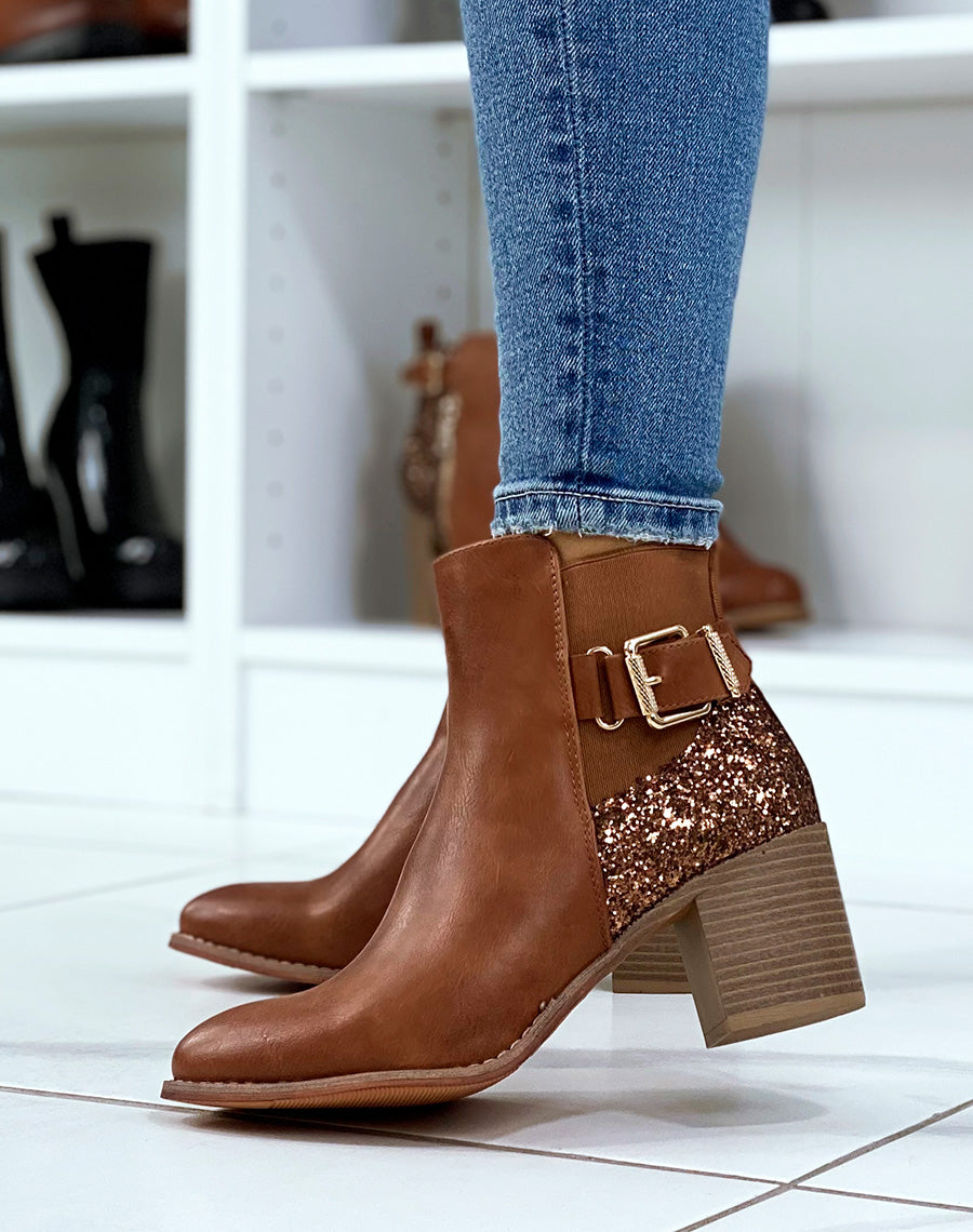 Bottines à talon camel à détail pailleté