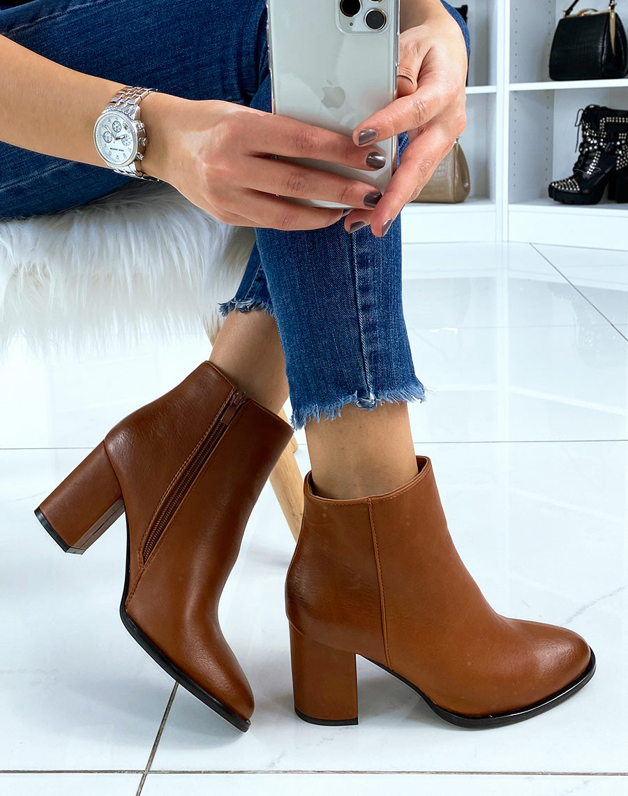 Bottines à talon camel en similicuir