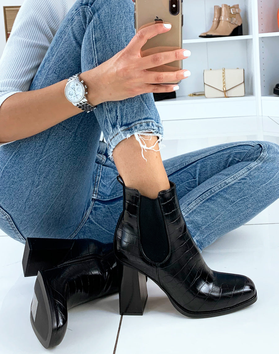 Bottines à talon effet croco noir à bout carré