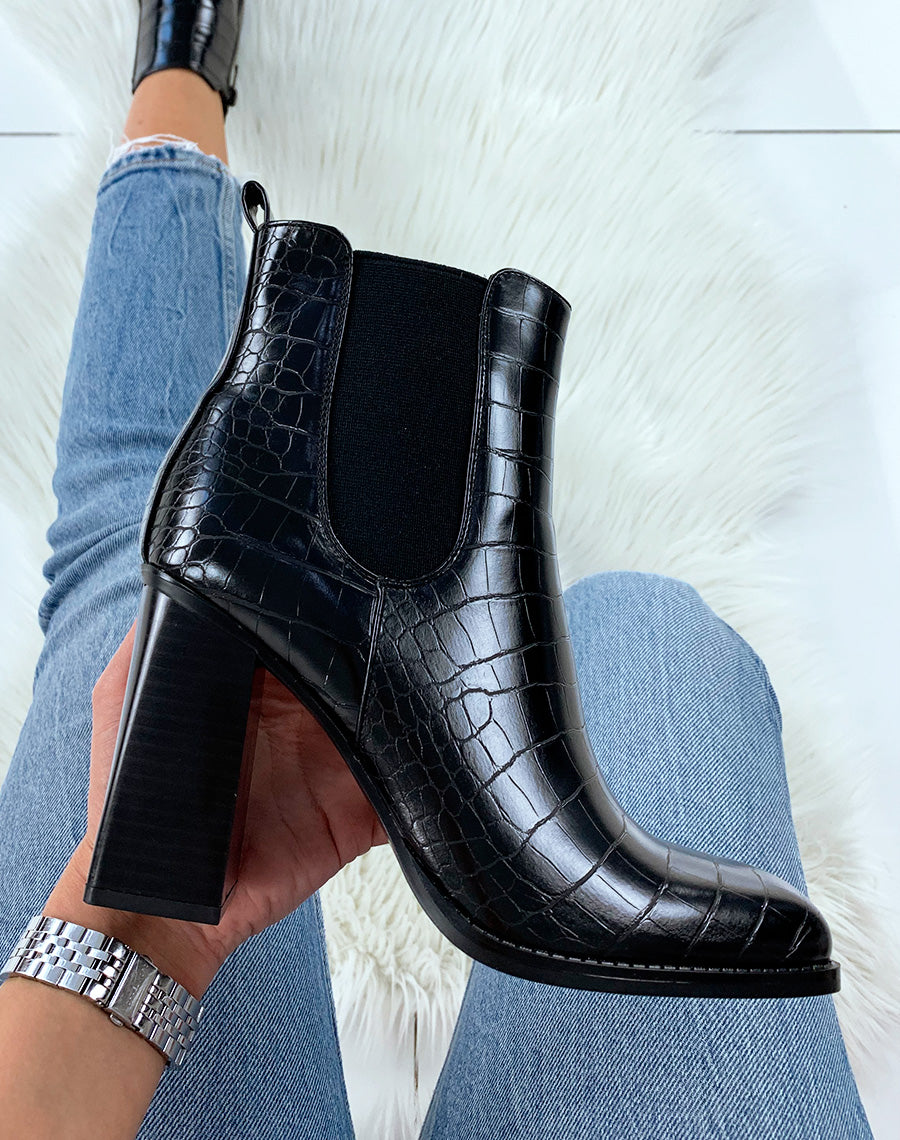 Bottines à talon effet croco noir à bout carré