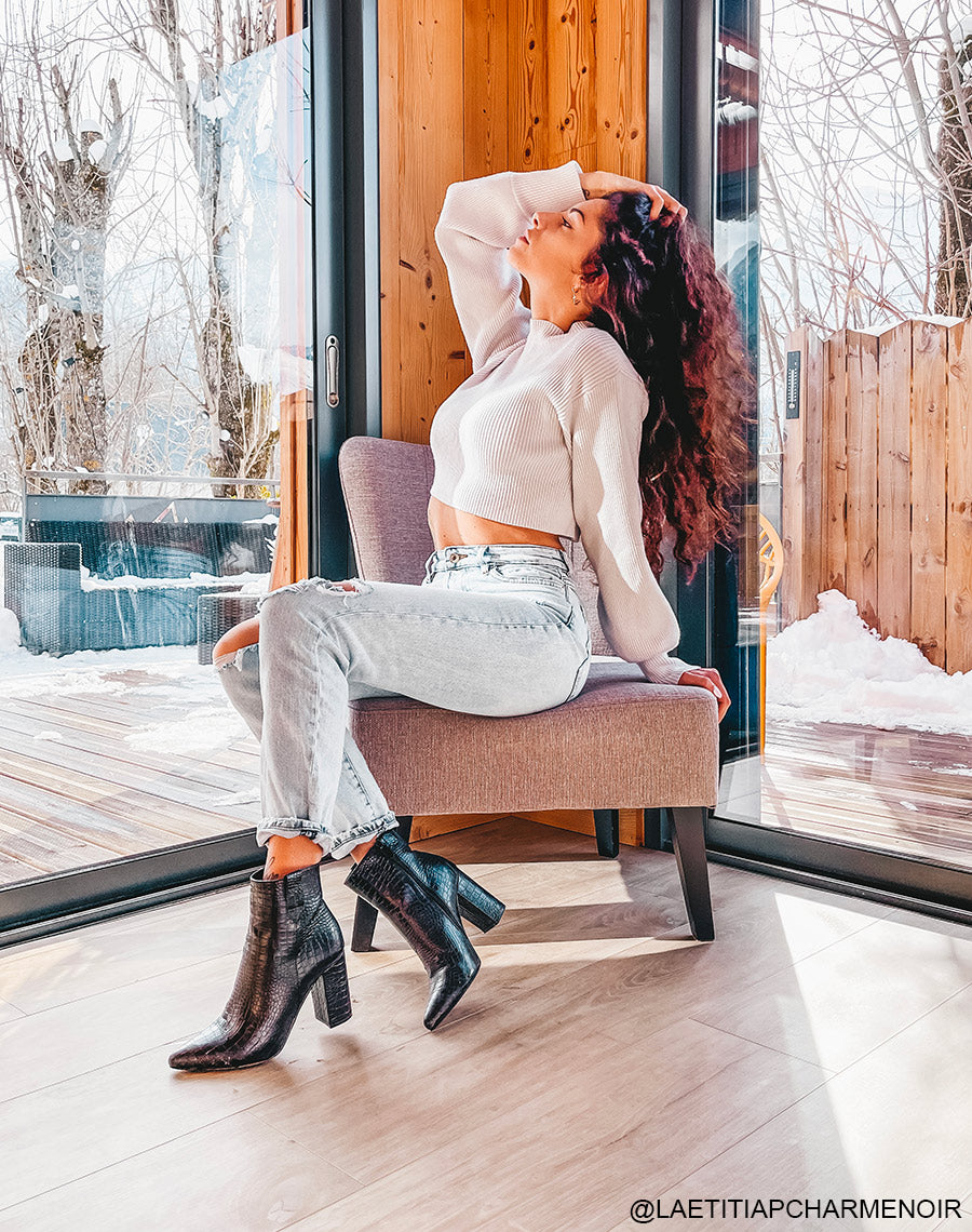 Bottines à talon effet croco noir à bout pointu