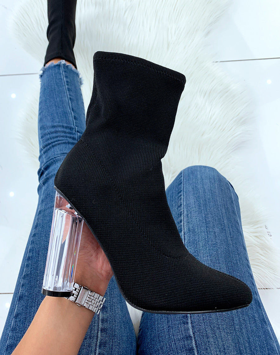 Bottines à talon en tissu noir effet chaussette