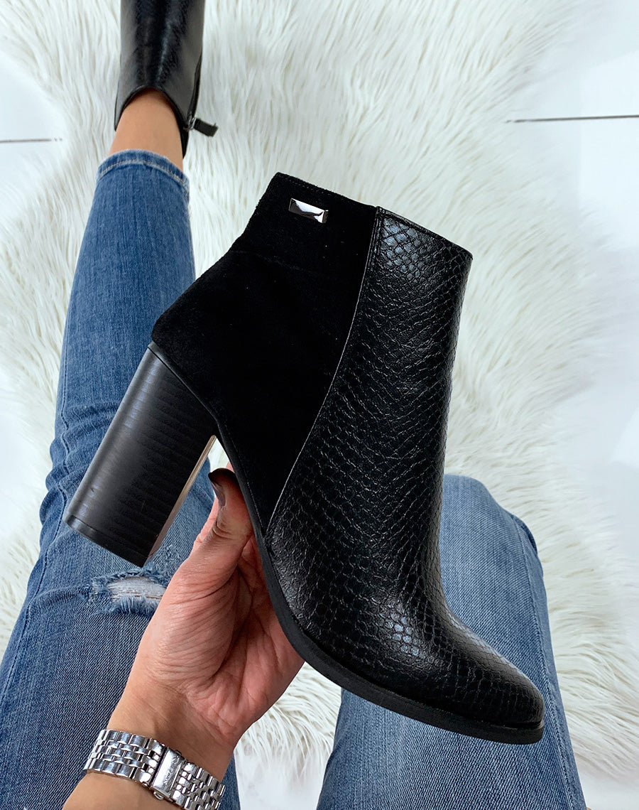 Bottines à talon noires bi-matières