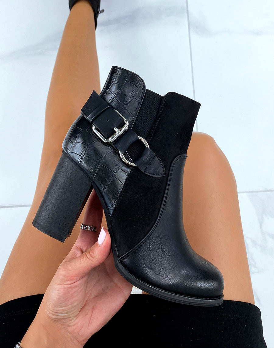 Bottines à talon noires bi-matières