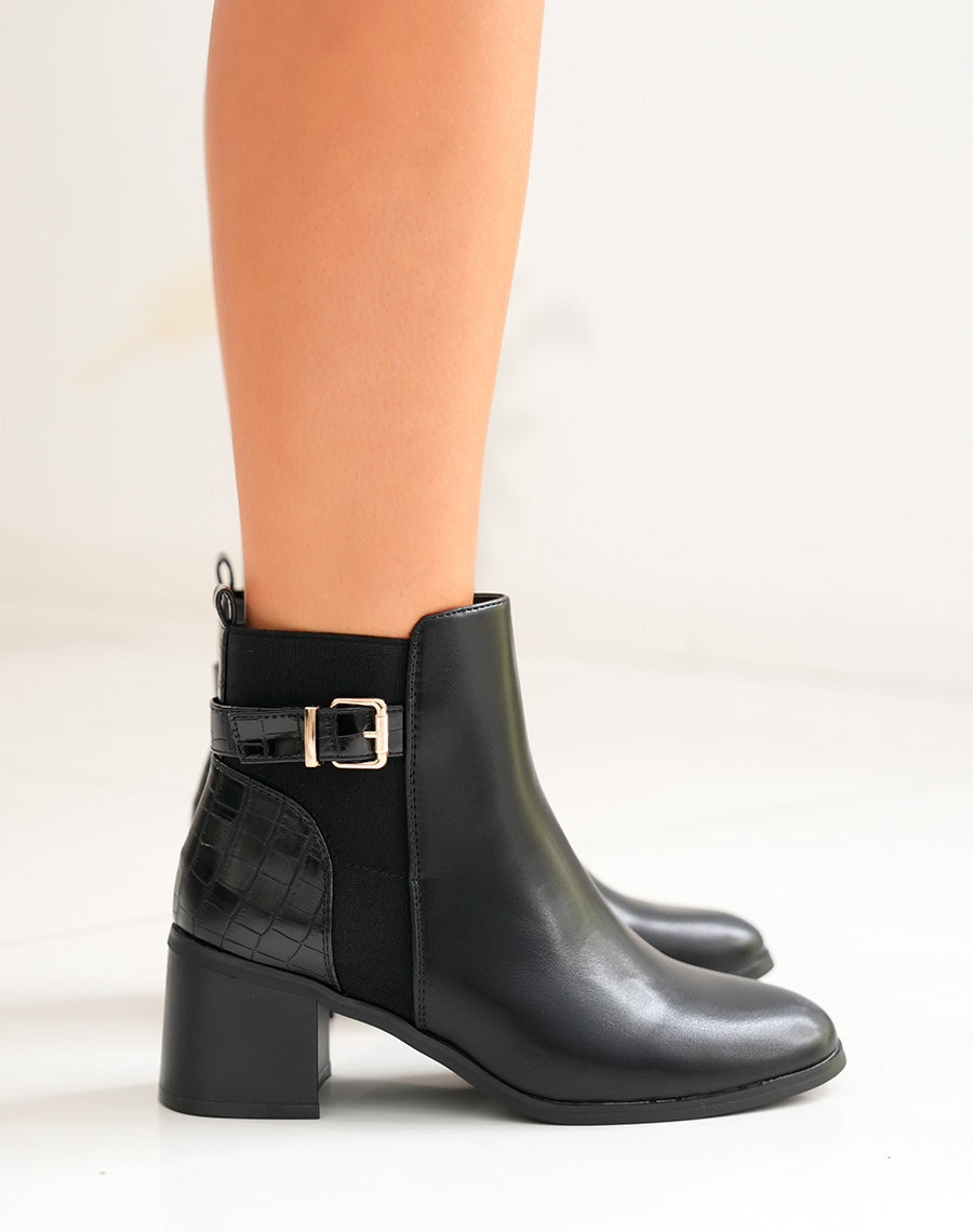 Bottines à talon noires bi-matières à sangle dorée