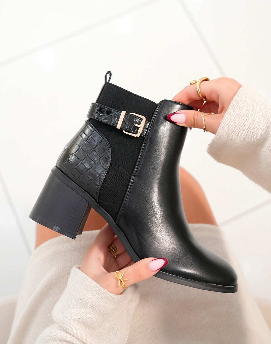 Bottines à talon noires bi-matières à sangle dorée
