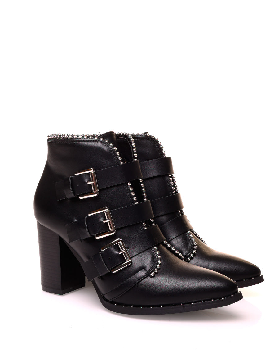 Bottines à talon noires à multiples sangles cloutées