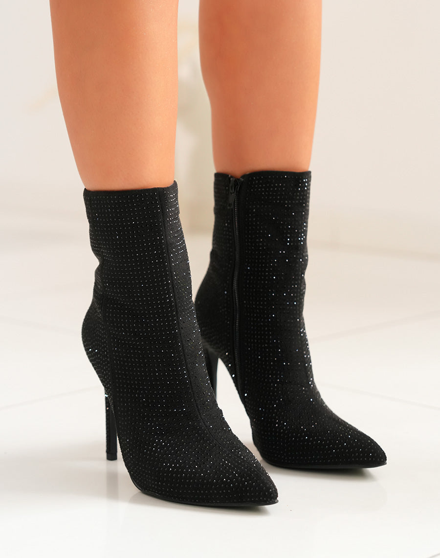 Bottines à talon noires à strass