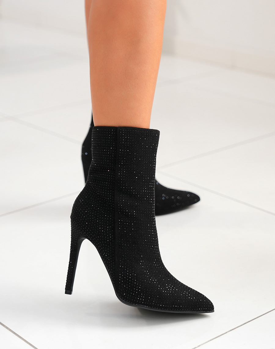 Bottines à talon noires à strass