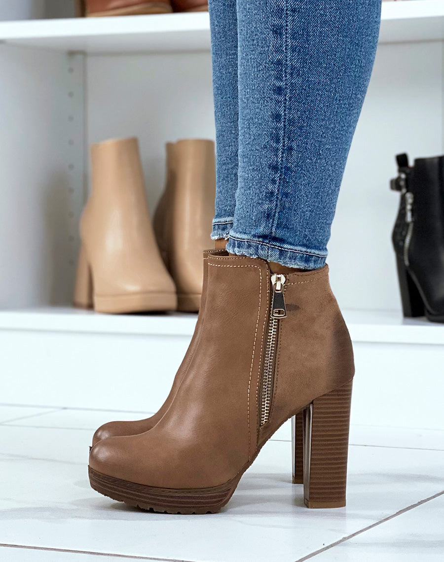 Bottines à talon taupe bi-matière
