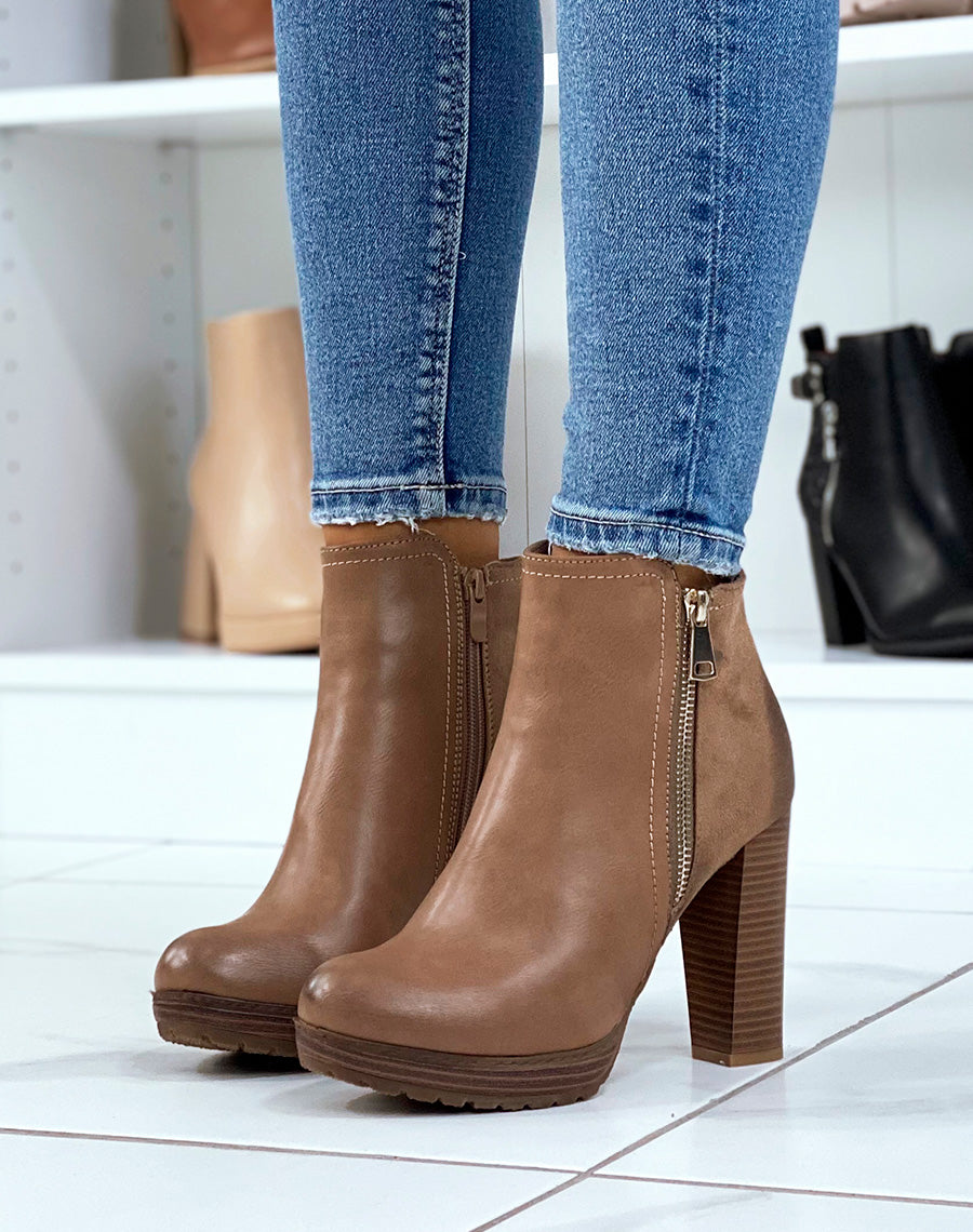Bottines à talon taupe bi-matière