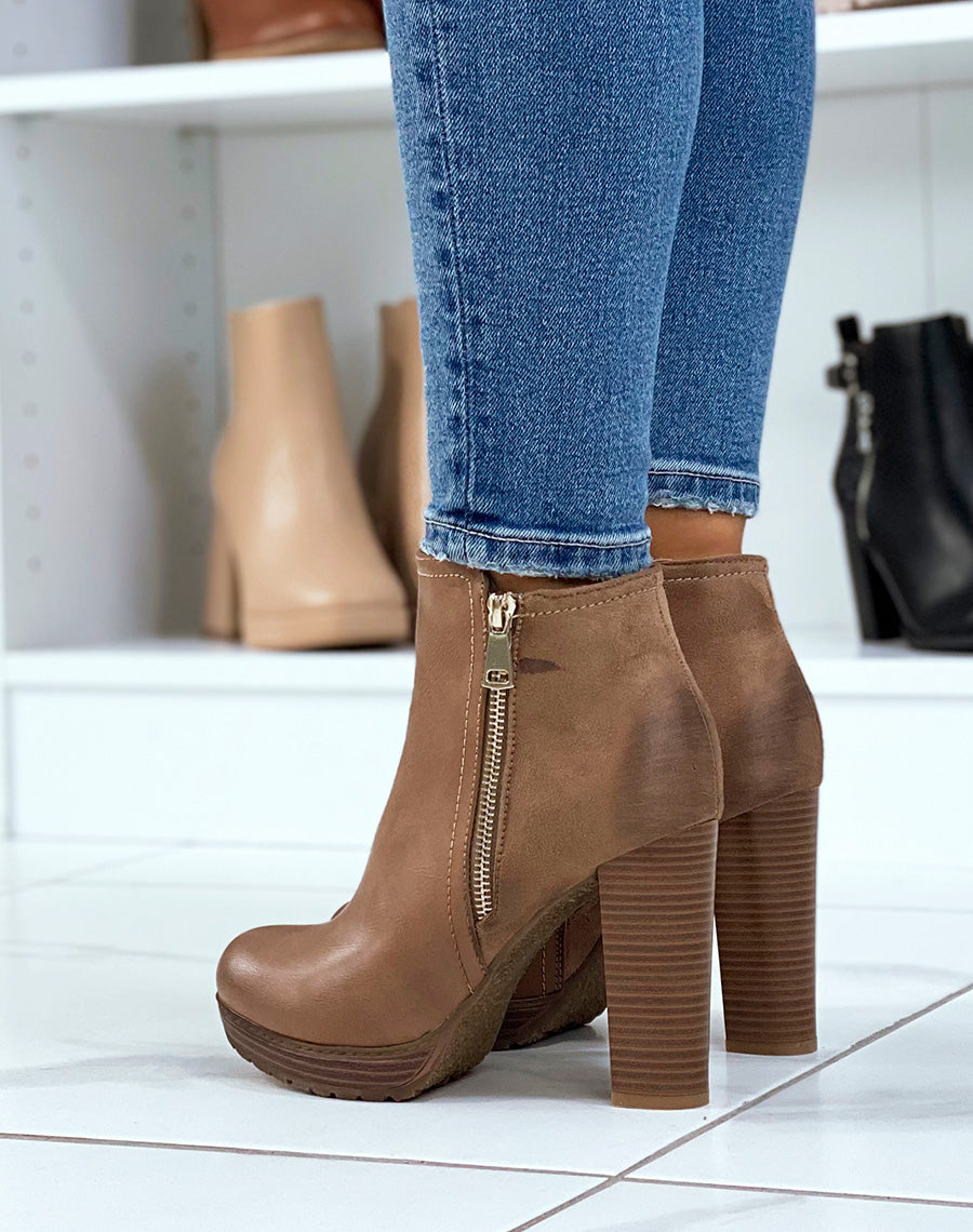 Bottines à talon taupe bi-matière