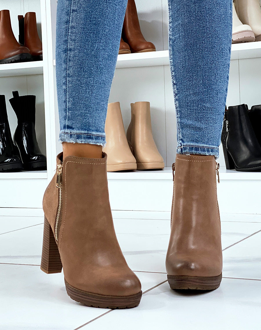 Bottines à talon taupe bi-matière