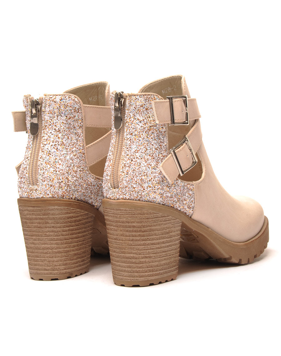 Bottines à talons beiges ajourées et pailletées