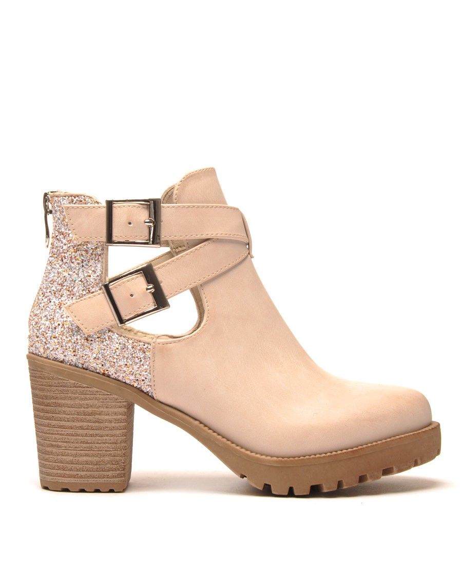 Bottines à talons beiges ajourées et pailletées