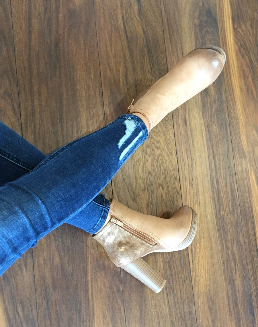 Bottines à talons bi matières camel