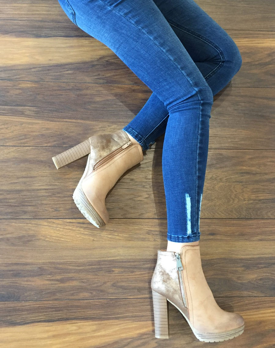 Bottines à talons bi matières camel