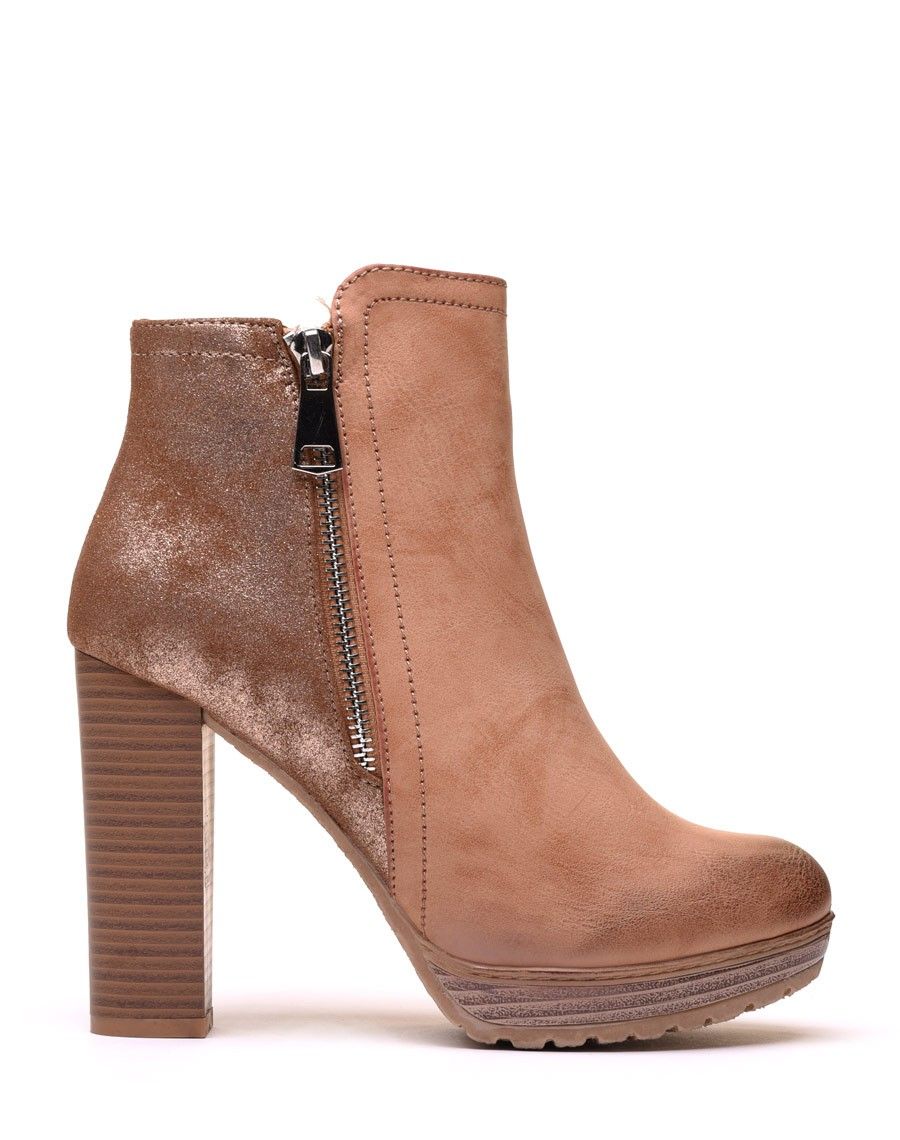 Bottines à talons bi matières camel