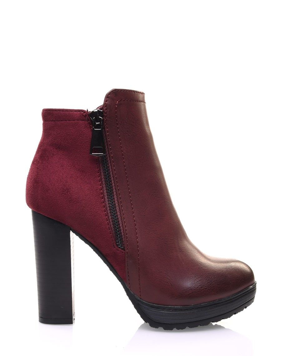 Bottines à talons bordeaux bi matières