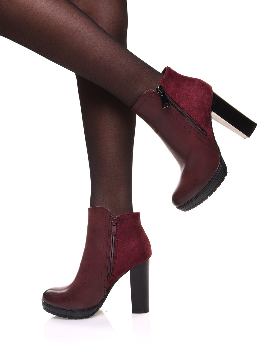 Bottines à talons bordeaux bi matières